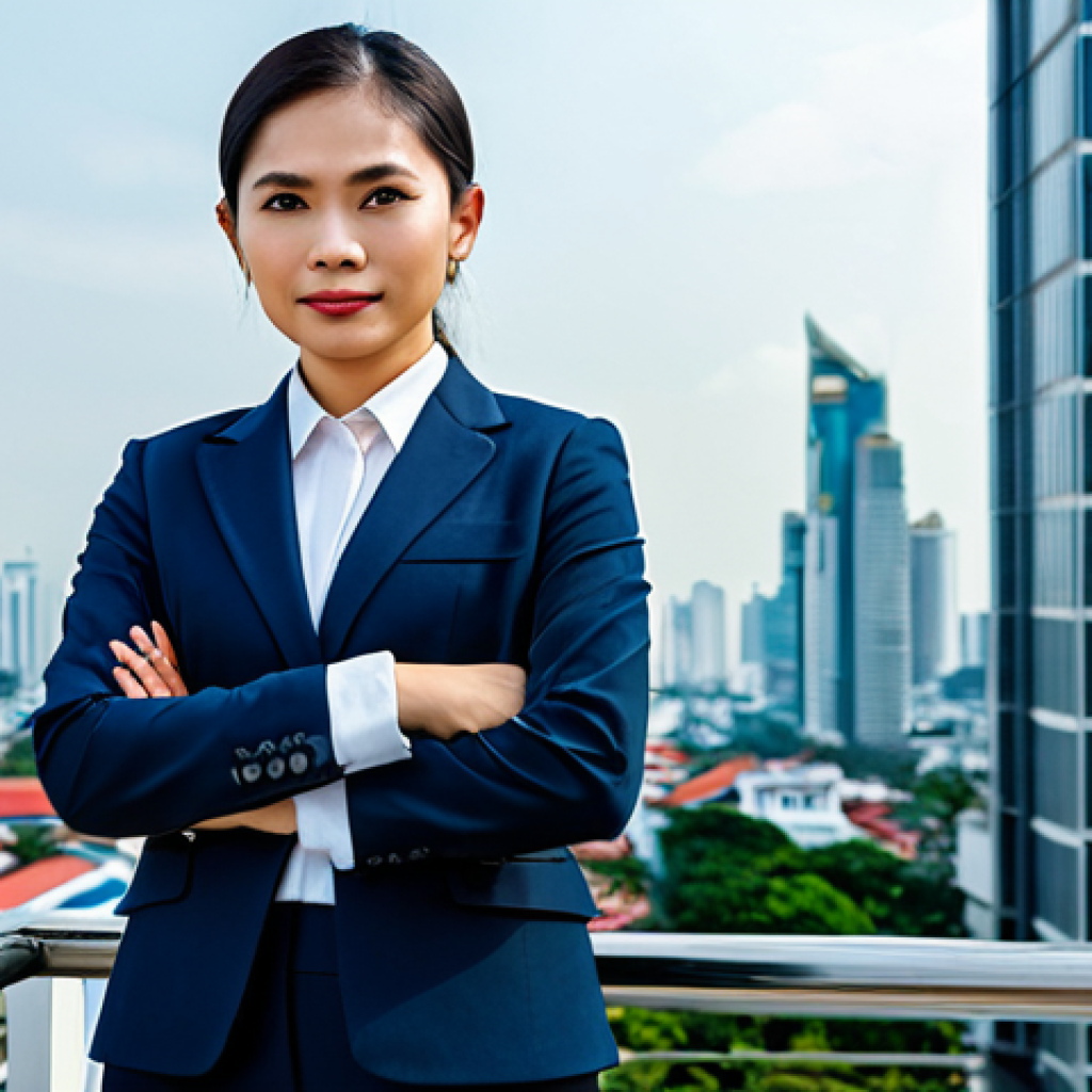 A professional Thai businesswoman in a modern, fully clothed business suit, standing confidently in front of the Bangkok skyline during the day. Appropriate attire, safe for work, perfect anatomy, natural proportions, high quality. Family-friendly and professional.