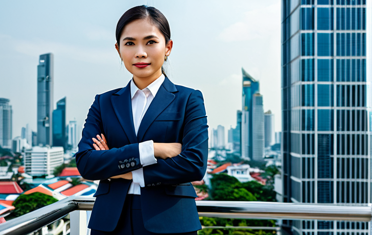 A professional Thai businesswoman in a modern, fully clothed business suit, standing confidently in front of the Bangkok skyline during the day. Appropriate attire, safe for work, perfect anatomy, natural proportions, high quality. Family-friendly and professional.
