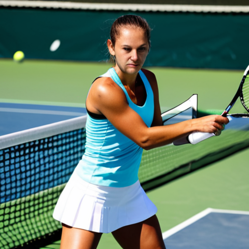 **Image Prompt:** A tennis player, fully clothed in athletic wear, demonstrating a perfect Eastern Forehand Grip on a tennis racket on a sunny tennis court. Focus on hand position and racket face. Safe for work, appropriate content, perfect anatomy, correct proportions, well-formed hands, modest athletic clothing, natural pose, professional sports photography, high quality.