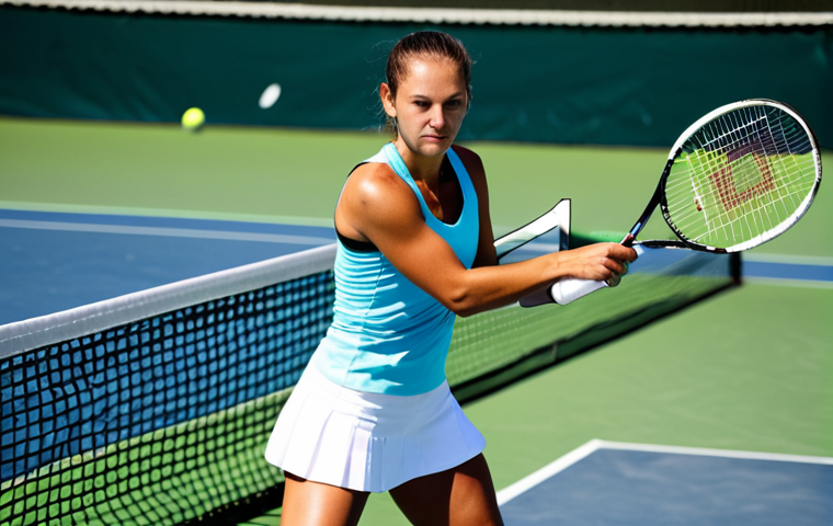 **Image Prompt:** A tennis player, fully clothed in athletic wear, demonstrating a perfect Eastern Forehand Grip on a tennis racket on a sunny tennis court. Focus on hand position and racket face. Safe for work, appropriate content, perfect anatomy, correct proportions, well-formed hands, modest athletic clothing, natural pose, professional sports photography, high quality.