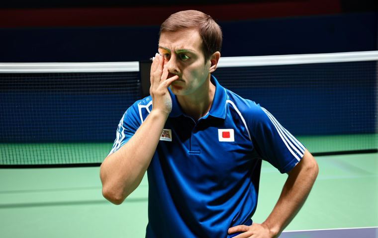 탁구에서의 심리전 활용법 - The Bluff**

"A fully clothed professional table tennis player mid-serve, exhibiting a deceptive pos...