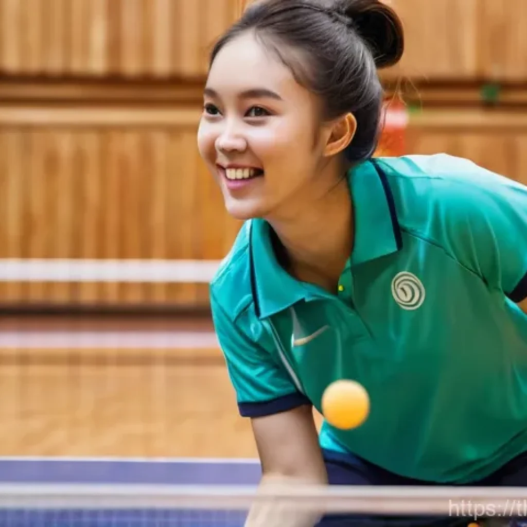탁구 네트 높이 규칙 - A cheerful young Thai woman, around 20-25 years old, with a bright smile, playing table tennis indoo...