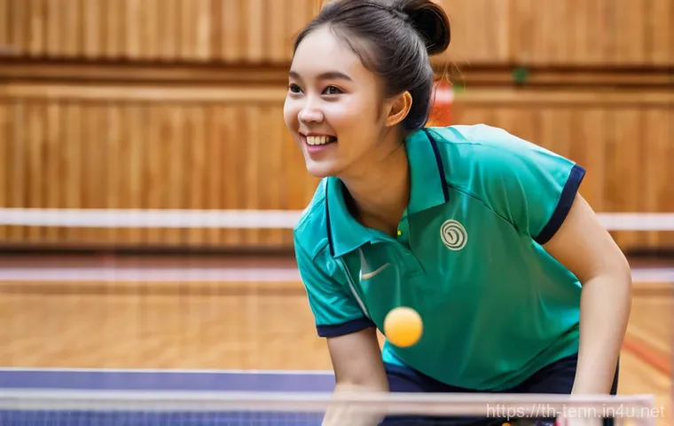 탁구 네트 높이 규칙 - A cheerful young Thai woman, around 20-25 years old, with a bright smile, playing table tennis indoo...