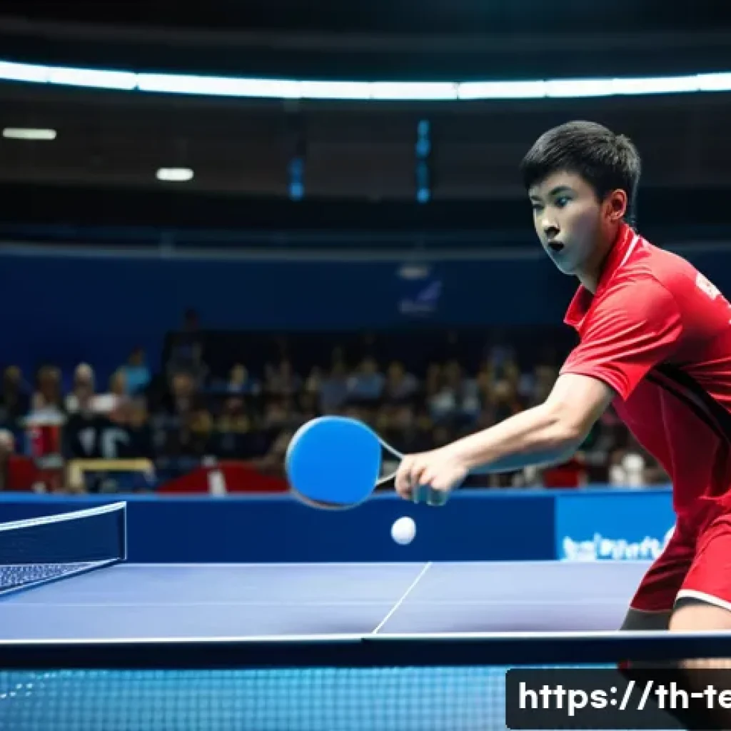 탁구 대회 일정 확인법 - A thrilling moment at a national table tennis championship, with a male player in full, modest athle...