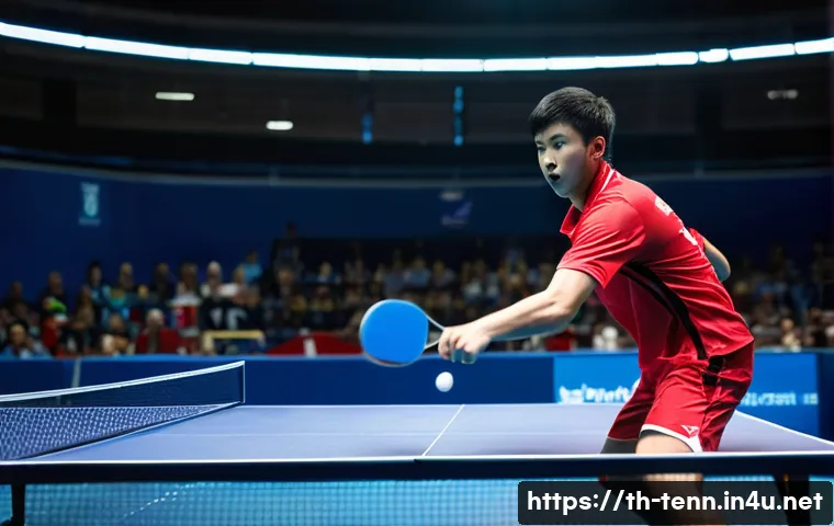 탁구 대회 일정 확인법 - A thrilling moment at a national table tennis championship, with a male player in full, modest athle...