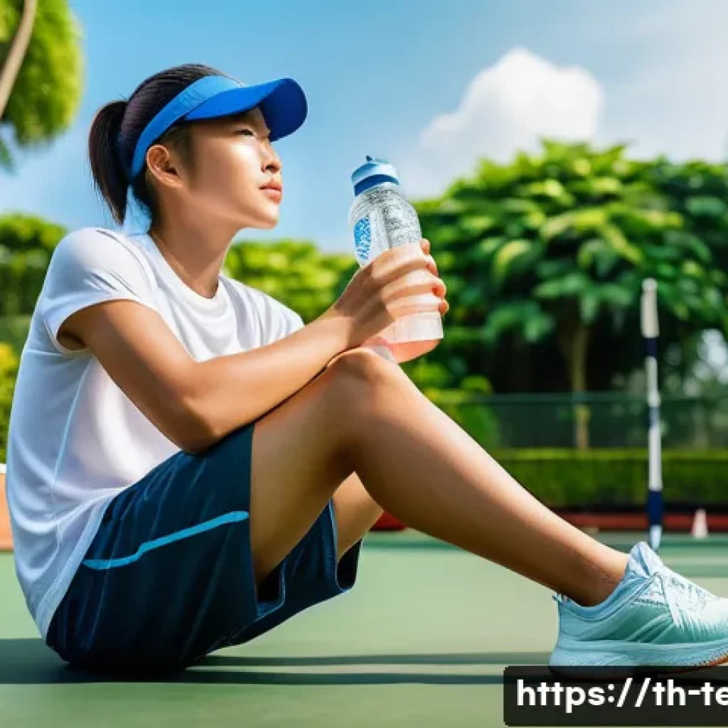 테니스 푸드와 보충제 추천 - A vibrant, sunlit scene of a young Thai tennis player taking a break on a tropical outdoor court in ...