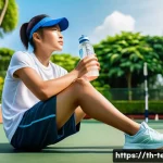 테니스 푸드와 보충제 추천 - A vibrant, sunlit scene of a young Thai tennis player taking a break on a tropical outdoor court in ...