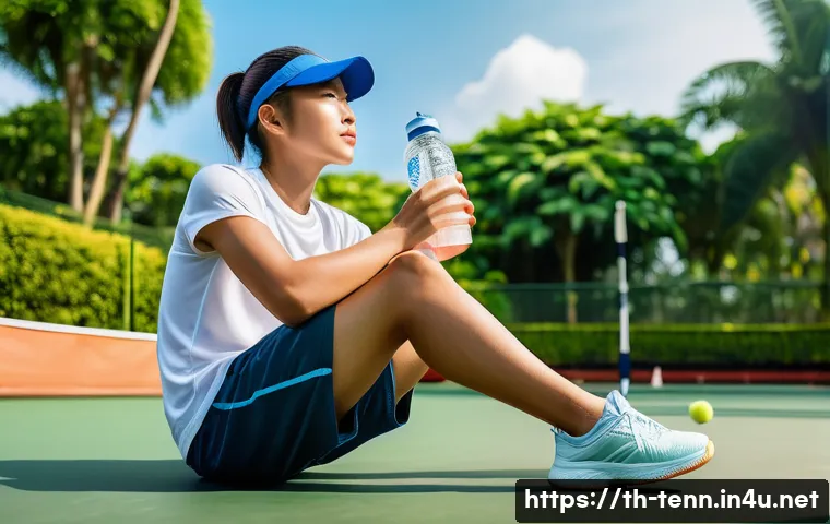 테니스 푸드와 보충제 추천 - A vibrant, sunlit scene of a young Thai tennis player taking a break on a tropical outdoor court in ...