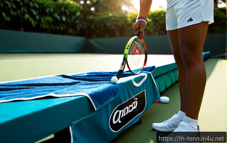 Home 15 테니스 프로 선수의 스폰서 장비 - Photorealistic professional tennis player on a sunlit hard court in Bangkok, carefully arranging an ...