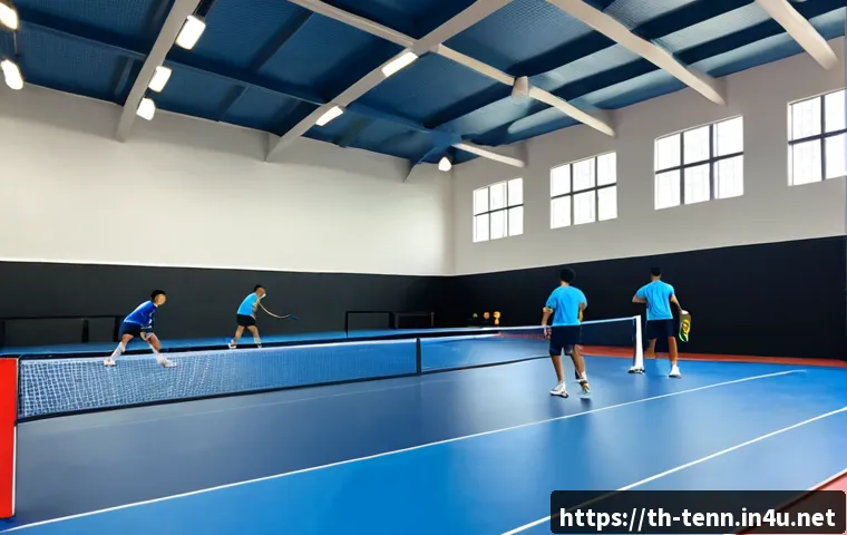 Home 17 탁구에 적합한 실내 조명 - Photorealistic indoor table tennis training hall in Thailand, wide clean composition with a regulati...