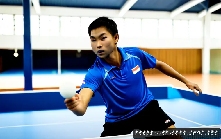 Home 17 탁구 드라이브 기술 - Photorealistic Thai table tennis player practicing a powerful forehand drive in a bright Bangkok com...