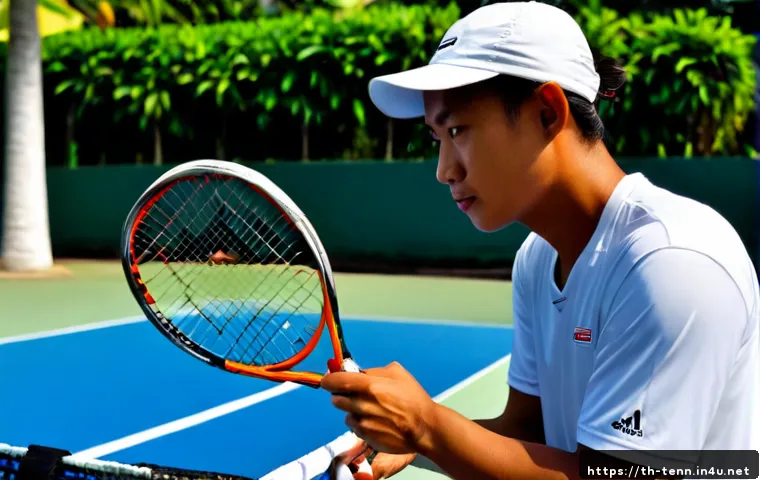 Home 17 테니스 중고 장비 거래 팁 - Photorealistic close-up of a Thai tennis player carefully inspecting a pre-owned tennis racket at an...