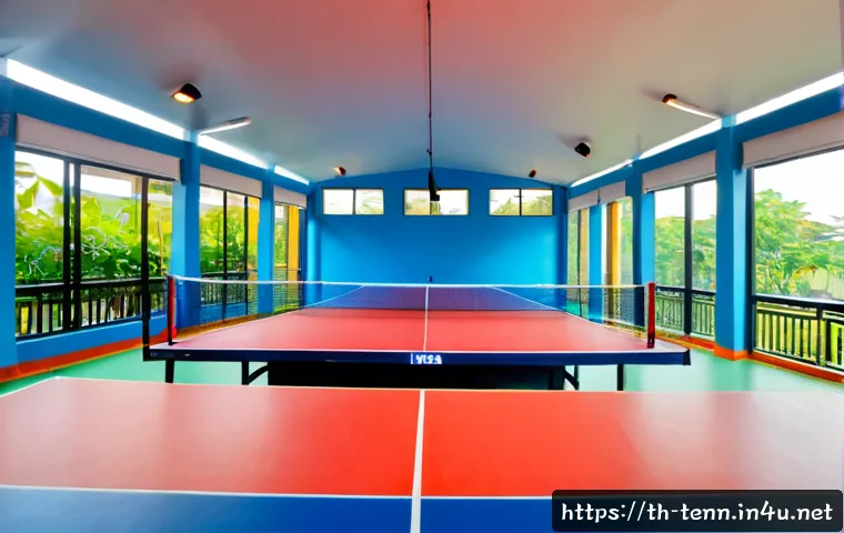 Home 17 탁구 연습실 위치 정보 - Photorealistic wide-angle view of a clean neighborhood table tennis practice room in Bangkok, Thaila...